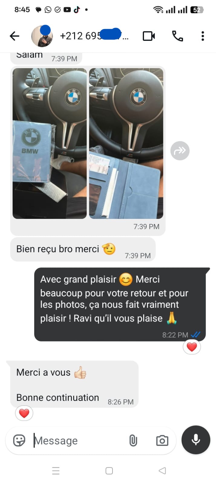 Capture WhatsApp d’un client montrant son étui BMW reçu