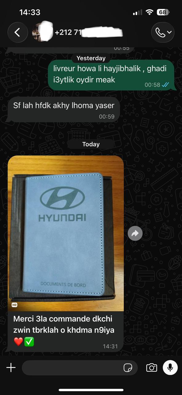 Capture WhatsApp d’un client remerciant pour son étui Hyundai